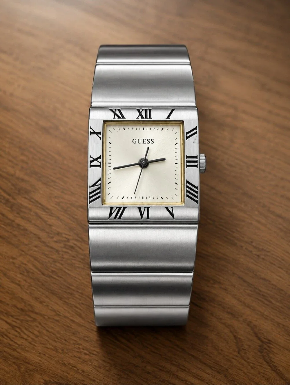 Vintage GUESS Silver Cuff Watch Roman Numeral Square Dial Y2K 90s Statement CC